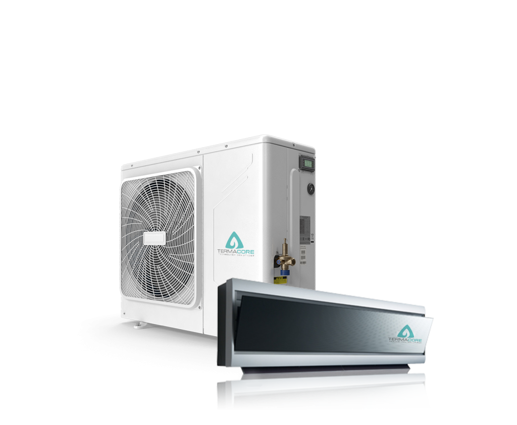 Aire acondicionado tipo split con compresor de techo para climatización eficiente.